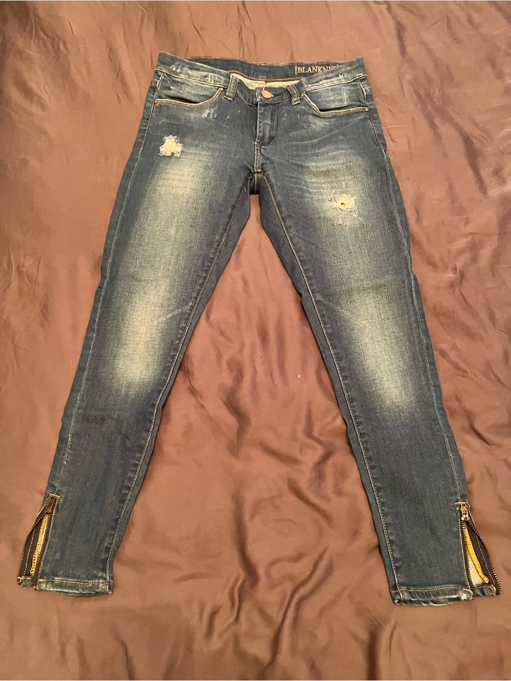 Blank NYC Blue Distressed Skinny Jeans with Ankle Zippers